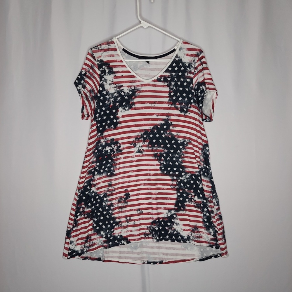 Anne French Tunic‎ Top Womens Large Blue Red Stars Stripes Patriotic USA Flag
